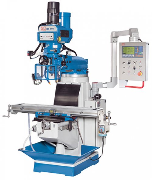 MF 1 VP - Vertical milling machine featuring automatic feed on X axis, tilt and swivel head, and pneumatic tool clamping