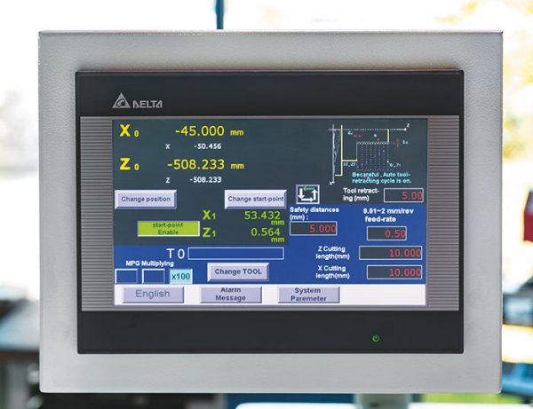 Large color touchscreen provides a graphic display of machining operations and lists editable parameters